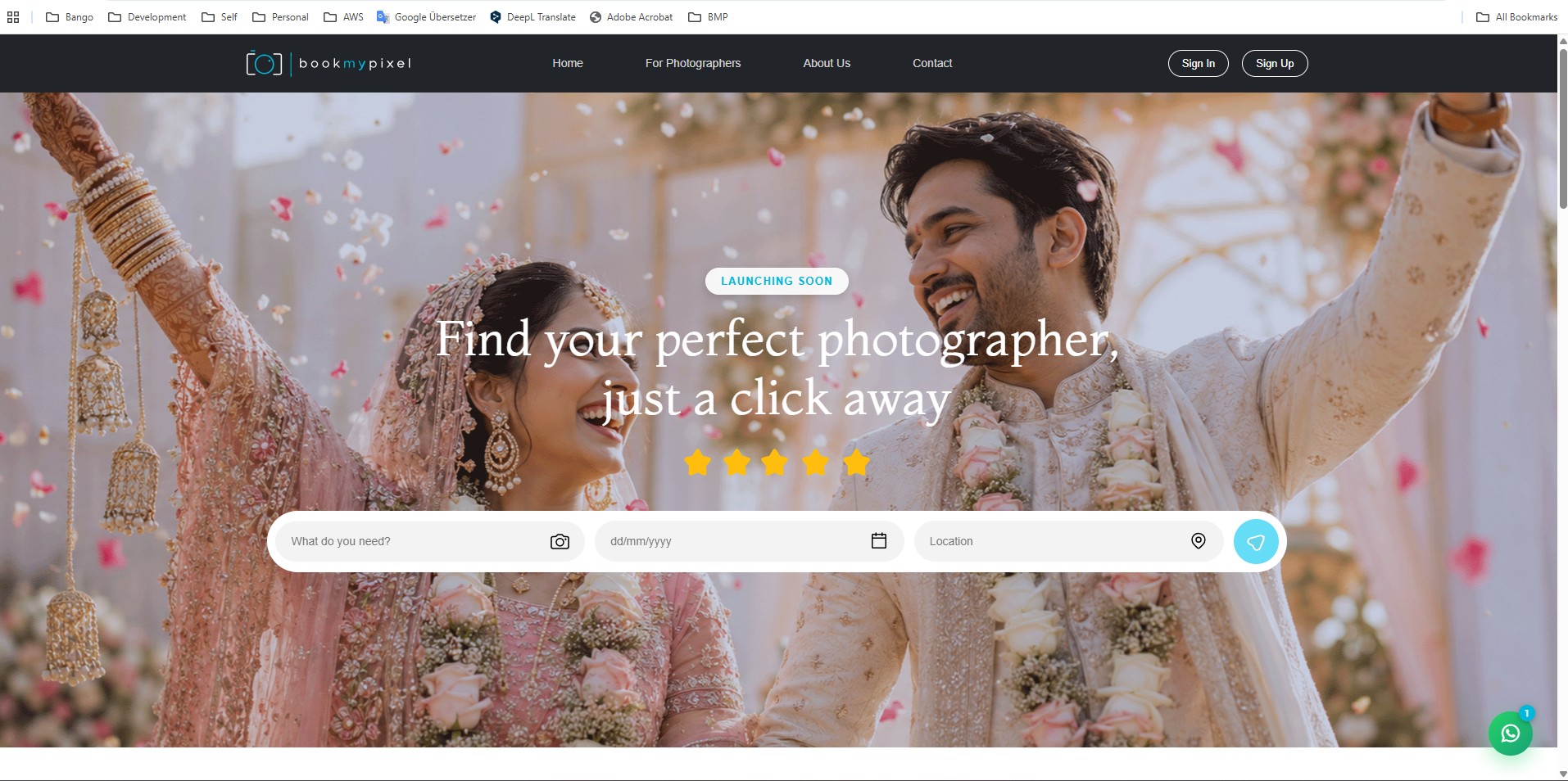 BookMyPixel home page with photographer search