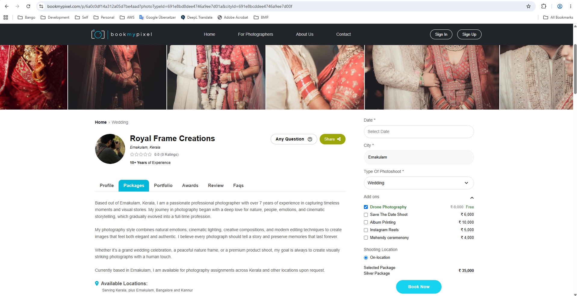BookMyPixel photographer profile with packages and booking panel