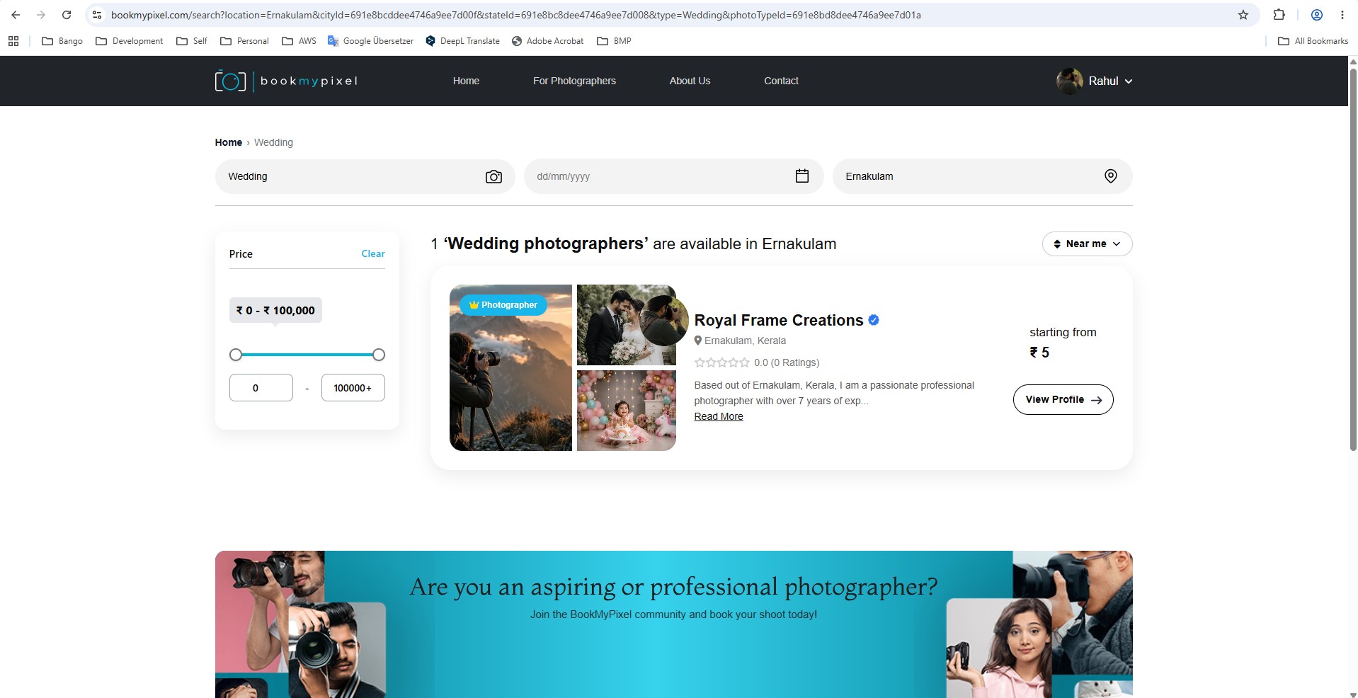 BookMyPixel search results for wedding photographers