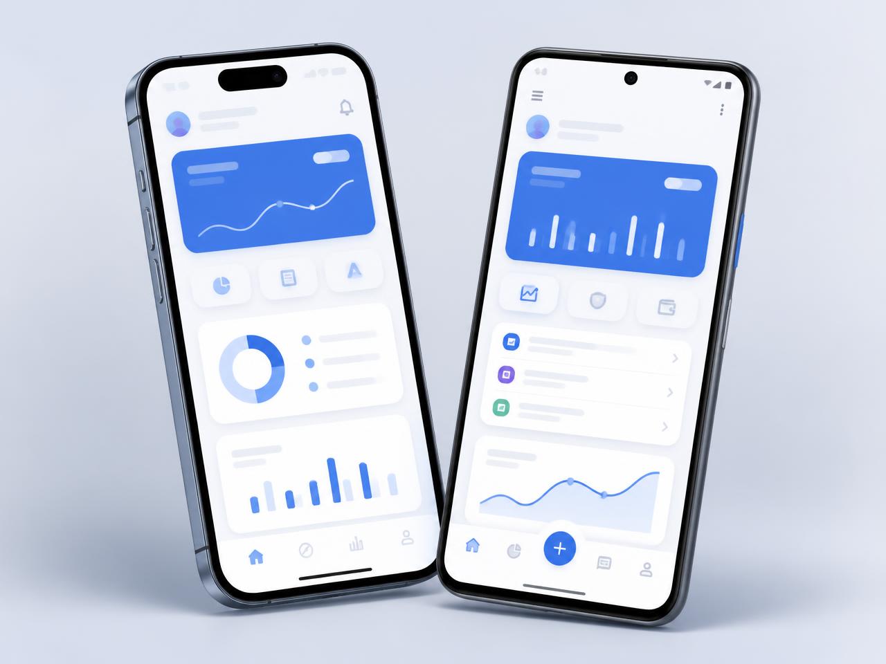 iOS and Android smartphones displaying a modern mobile app dashboard interface