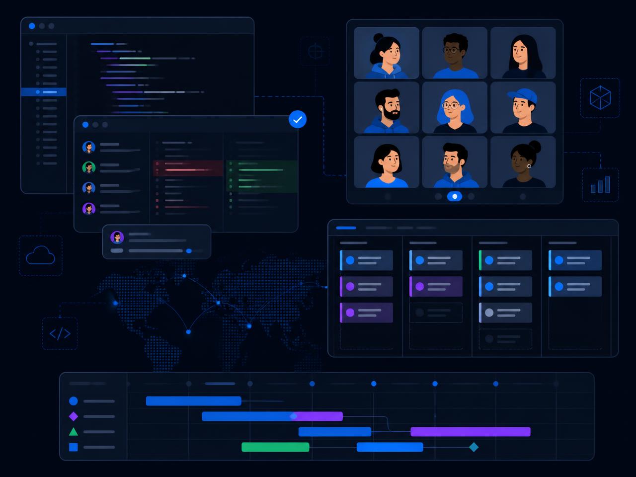 Distributed engineering team collaborating on code reviews, sprint boards and delivery timelines